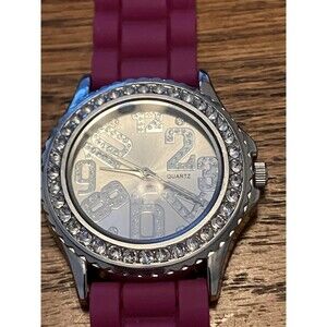 Accutime Ladies Wrist Watch Quartz Hot Pink Silicone Band Rhinestone Bezel